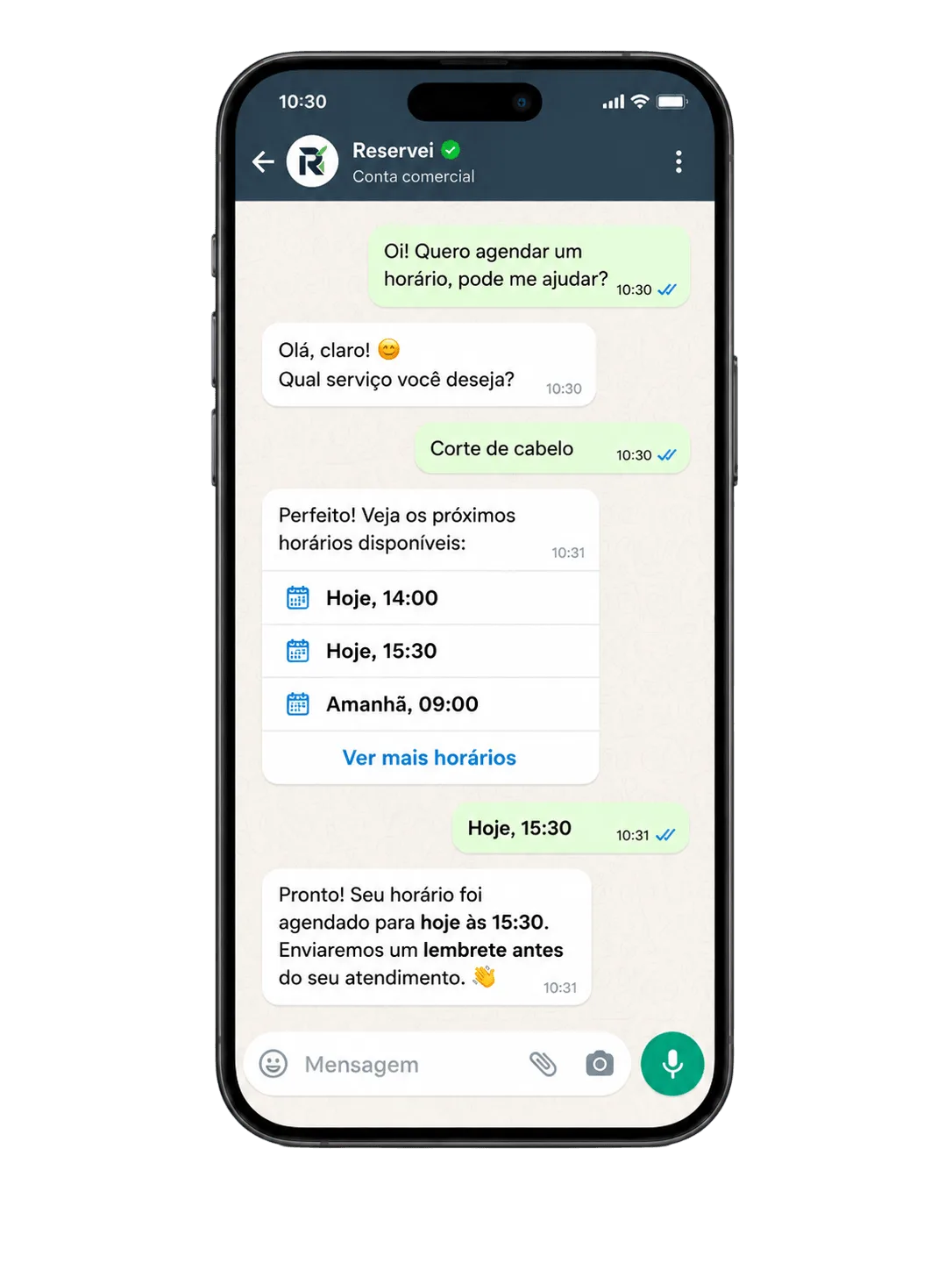Cliente agendando um horário pelo WhatsApp com a Reservei
