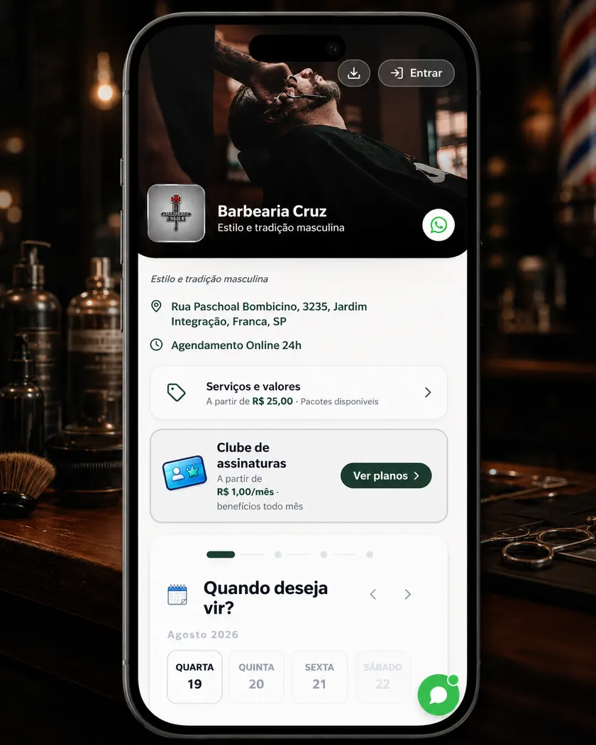 Celular mostrando a página de agendamento da Barbearia Cruz: o cliente escolhe serviço e horário sozinho