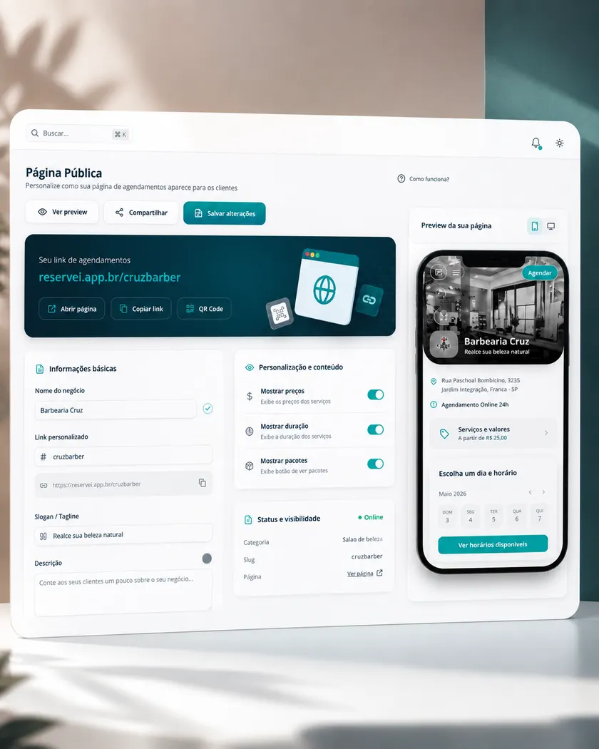 Painel do Reservei: tela de configuração da página pública, com o link de agendamentos e o preview de como o cliente vê